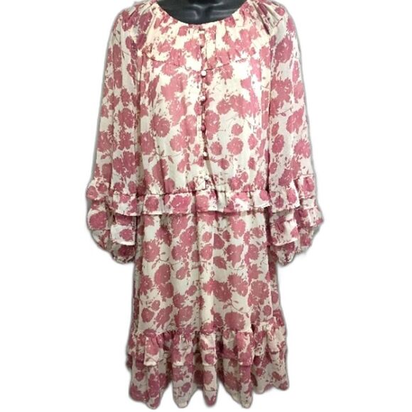 Simply Vera Vera Wang Floral Ruffle Dress Large in Pink and Cream Feminine Tea - Picture 1 of 13